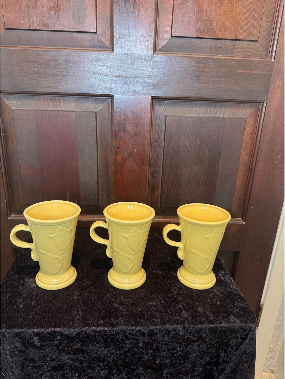 Set of 3 Fiesta Yellow Ceramic Coffee Mugs with Teapot and Coffee Pot Designs